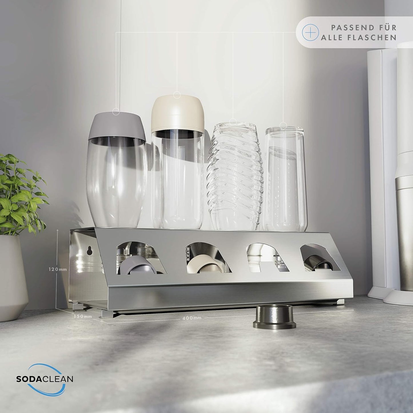 Sodaclean Flaschenhalter 4er mit Abtropfwanne – kompatibel mit SodaStream Duo®, Crystal® & Easy Fuse®