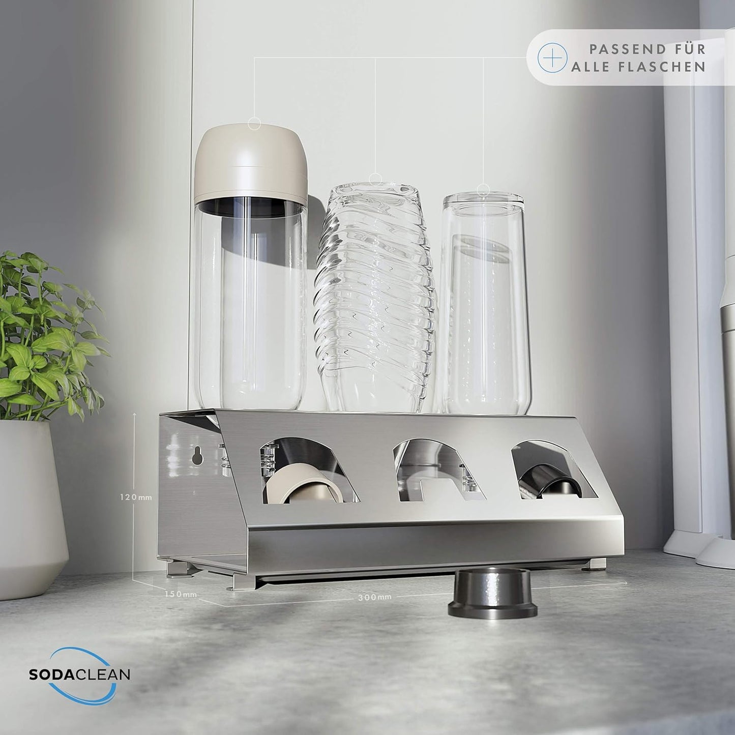 Sodaclean Flaschenhalter 3er mit Abtropfwanne – kompatibel mit SodaStream Duo®, Crystal® & Easy Fuse®