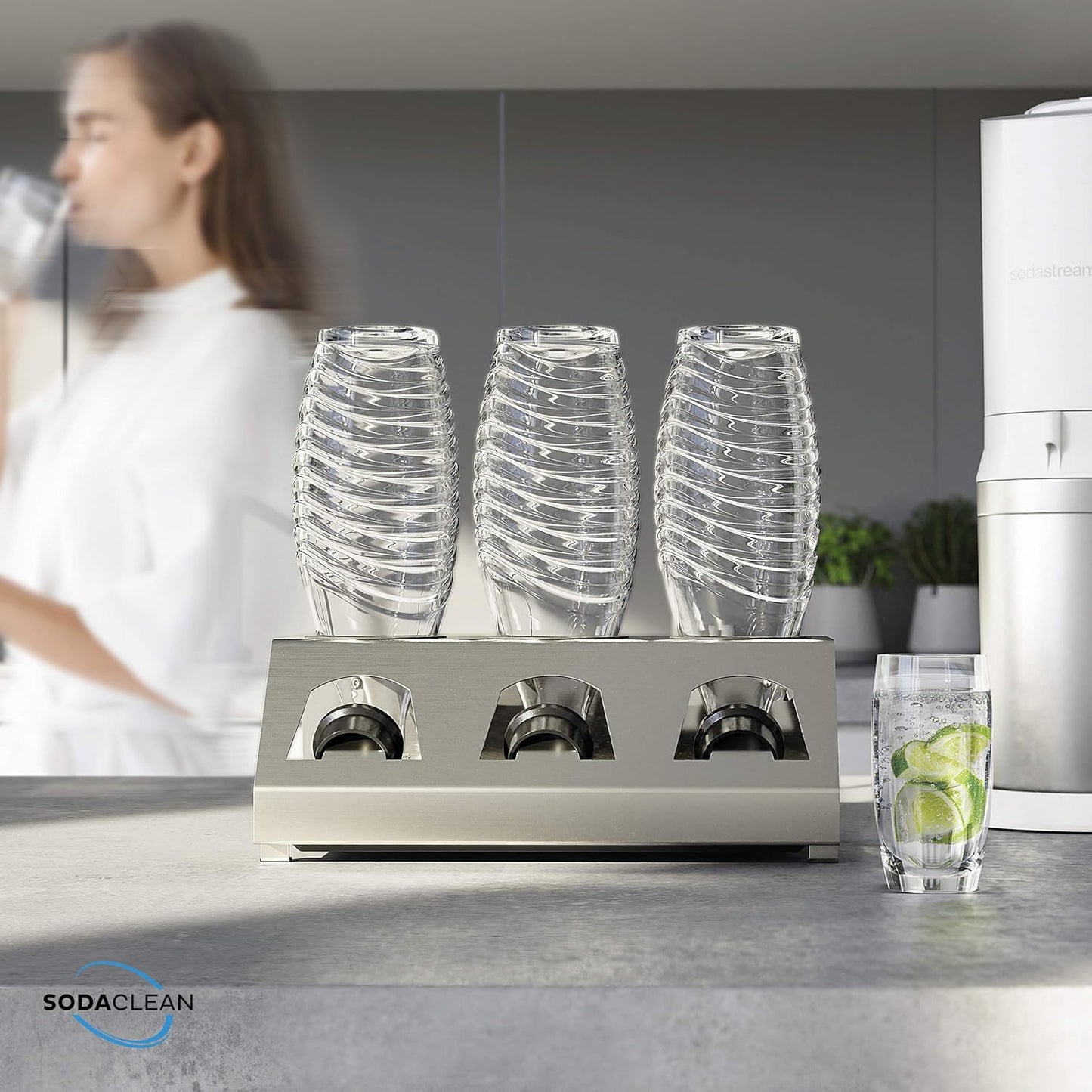 Sodaclean Flaschenhalter 3er mit Abtropfwanne – kompatibel mit SodaStream Duo®, Crystal® & Easy Fuse®
