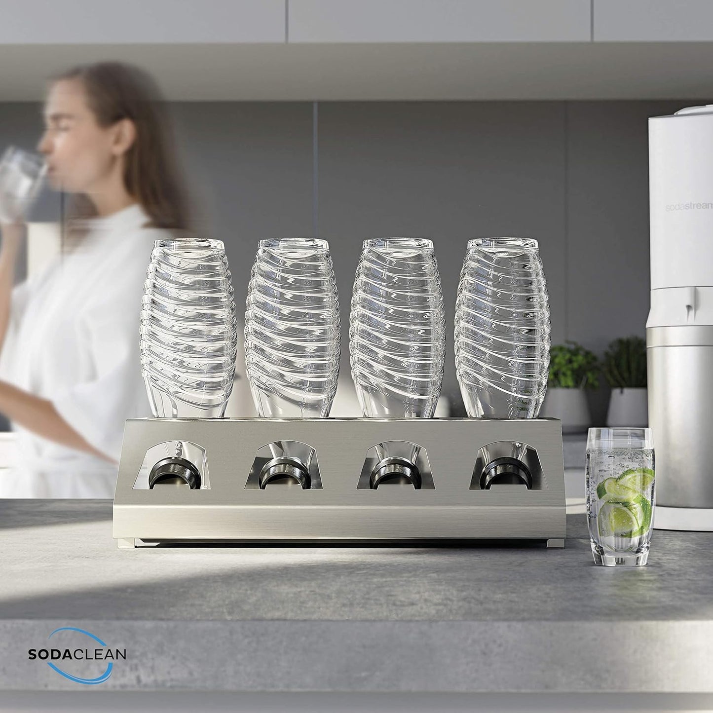 Sodaclean Flaschenhalter 4er mit Abtropfwanne – kompatibel mit SodaStream Duo®, Crystal® & Easy Fuse®