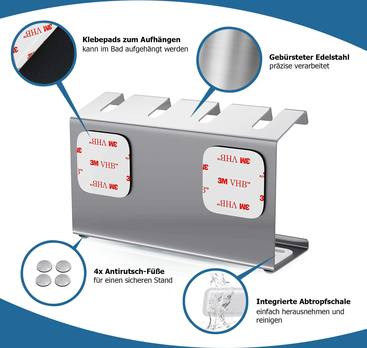 Premium Edelstahl Halter für 4 Aufsteckbürsten – kompatibel mit Oral-B®, Philips Sonicare® & weiteren